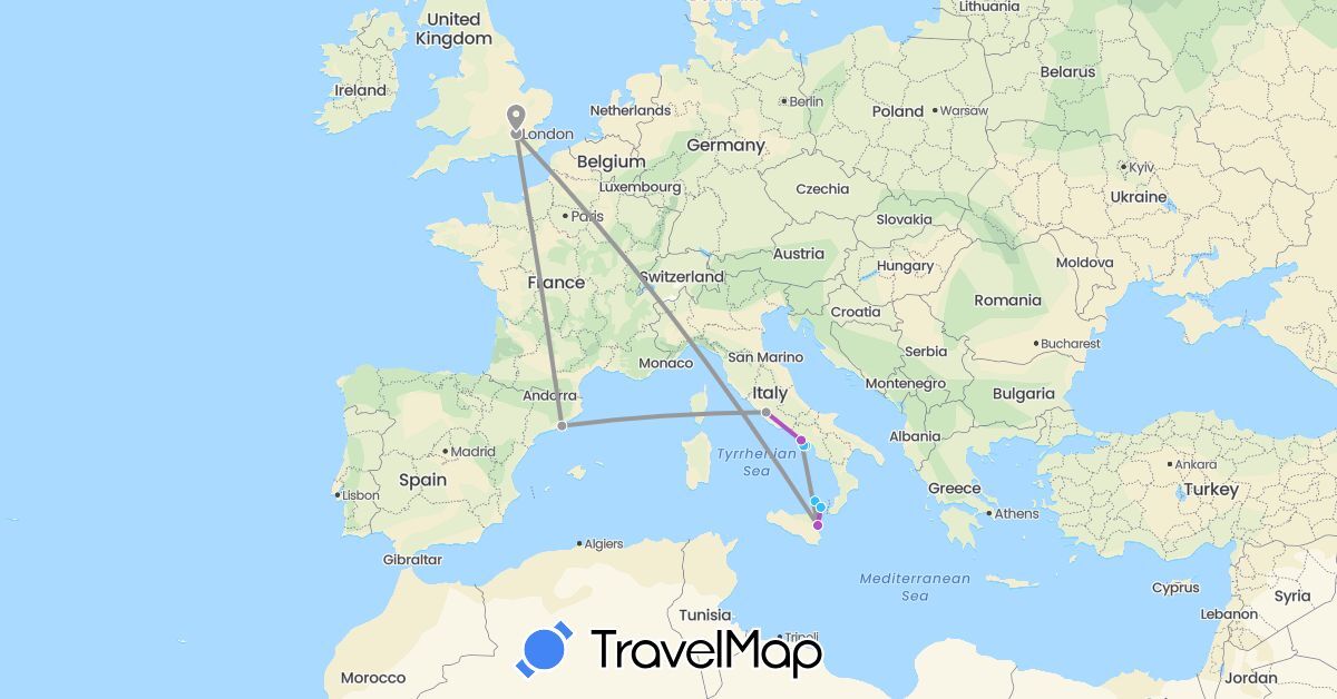 TravelMap itinerary: plane, train, boat in Spain, United Kingdom, Italy (Europe)